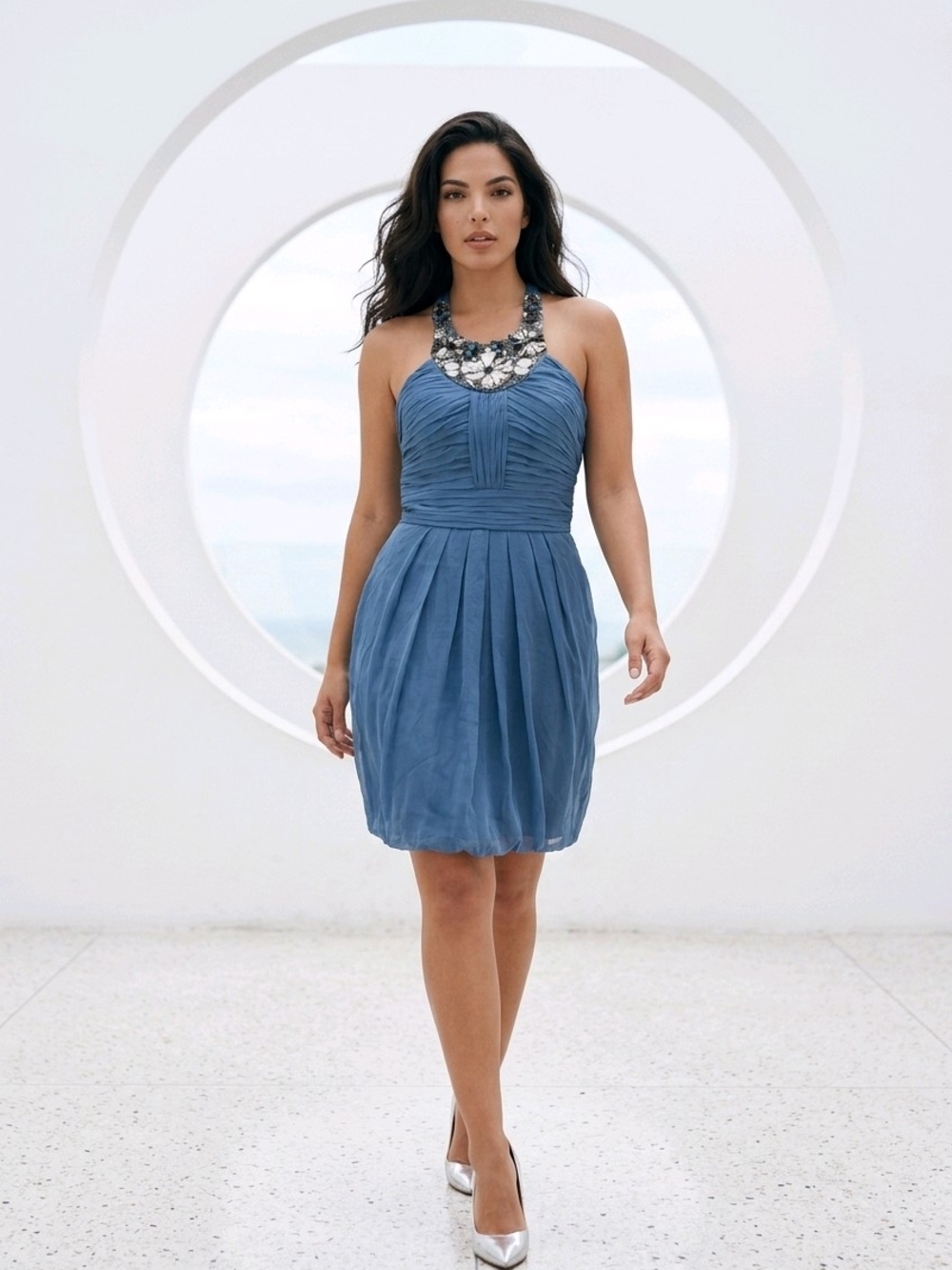 Theia Teal-Blue Silk Halter Pleated Cocktail Dress with Embellished Neckline SZ8